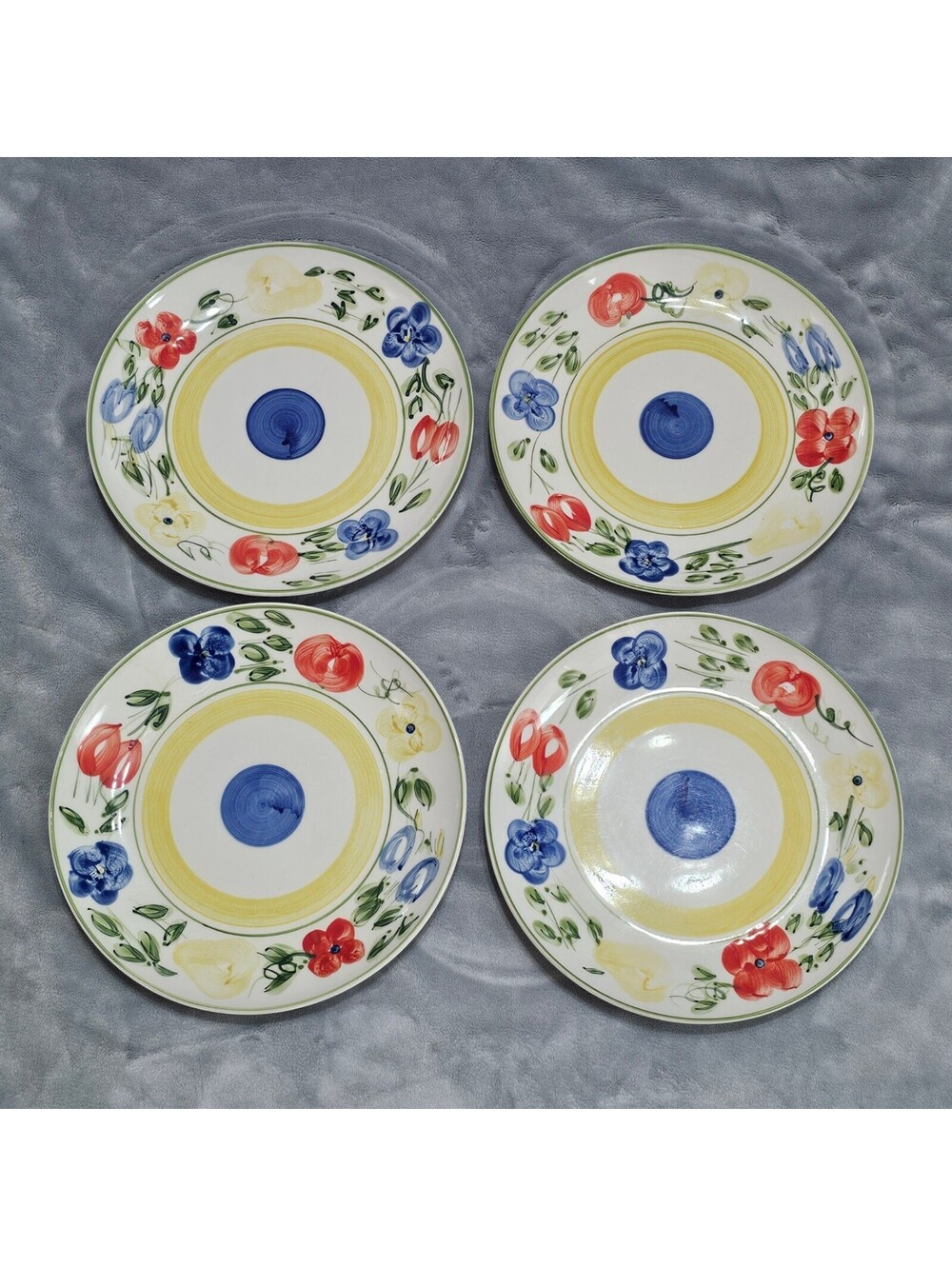 Gibson Bountiful Dinner Plate Set 4 Yellow Band Blue Red Hand Painted Floral